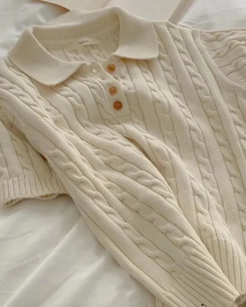 Beige Cable-Knit Polo Shirt flat lay view
