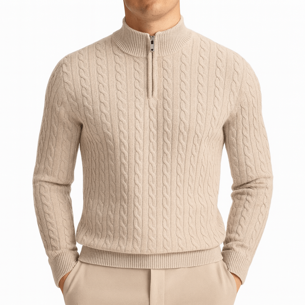 Beige Cable-Knit Quarter-Zip Sweater front view