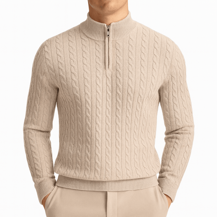 Beige Cable-Knit Quarter-Zip Sweater front view