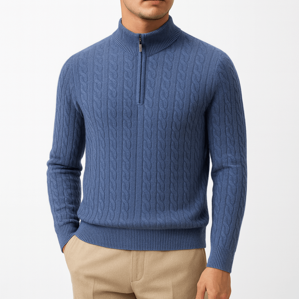 Blue Cable-Knit Quarter-Zip Sweater front view