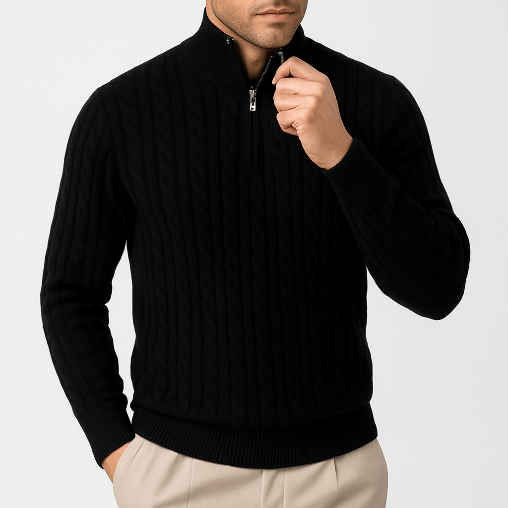 Black Cable-Knit Quarter-Zip Sweater front view