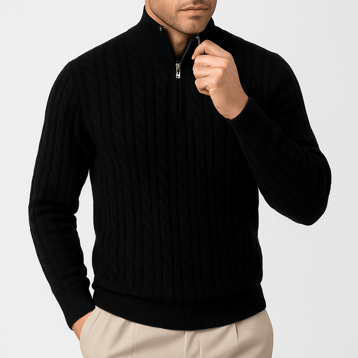 Black Cable-Knit Quarter-Zip Sweater front view