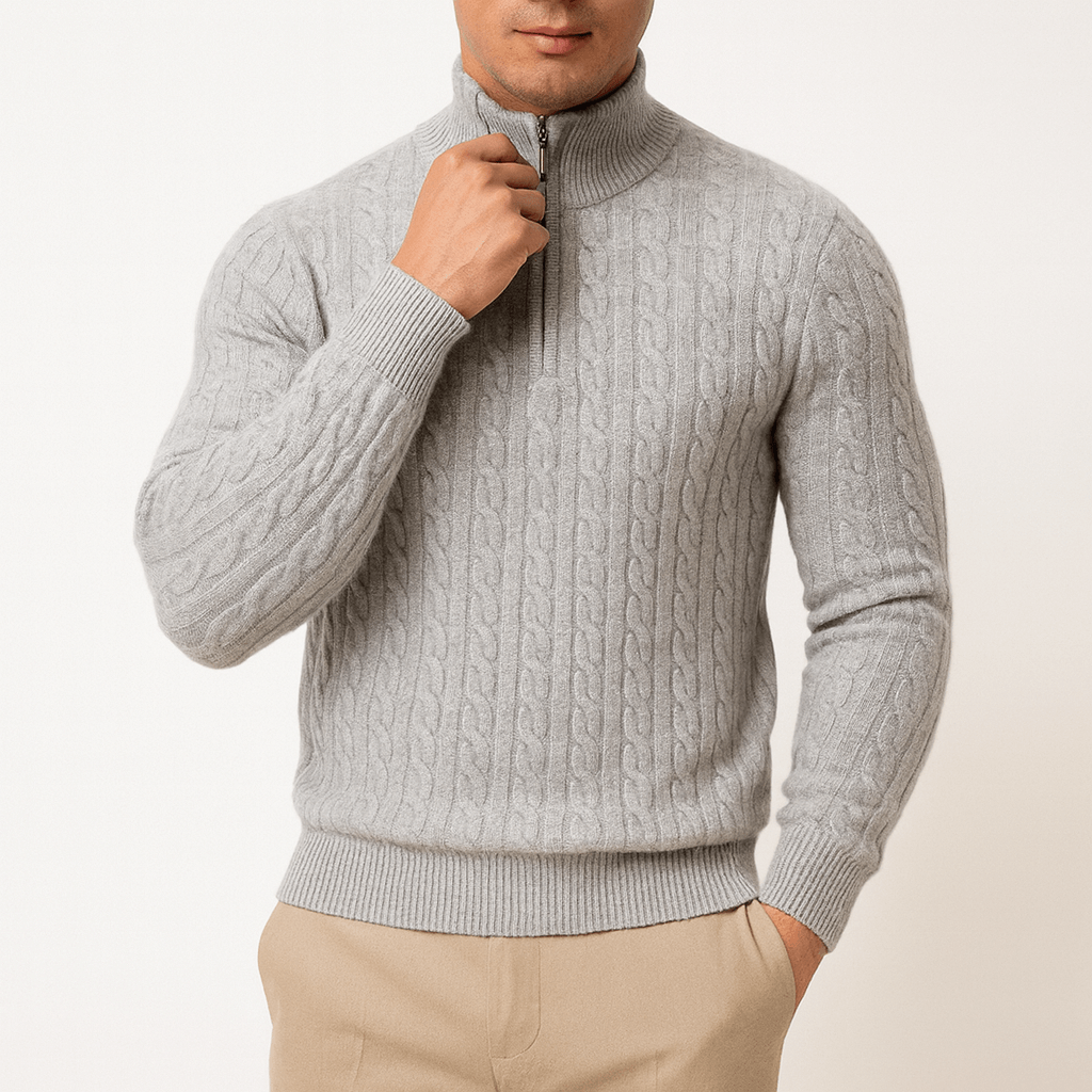 Gray Cable-Knit Quarter-Zip Sweater front view