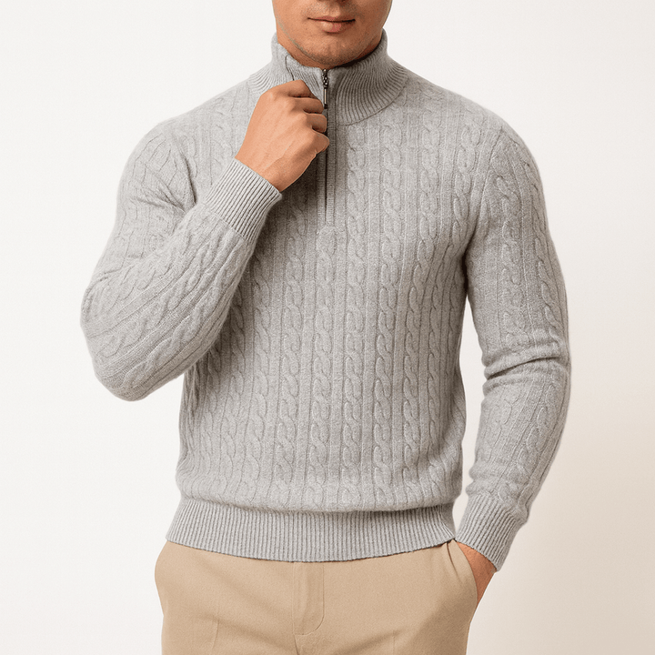 Gray Cable-Knit Quarter-Zip Sweater front view