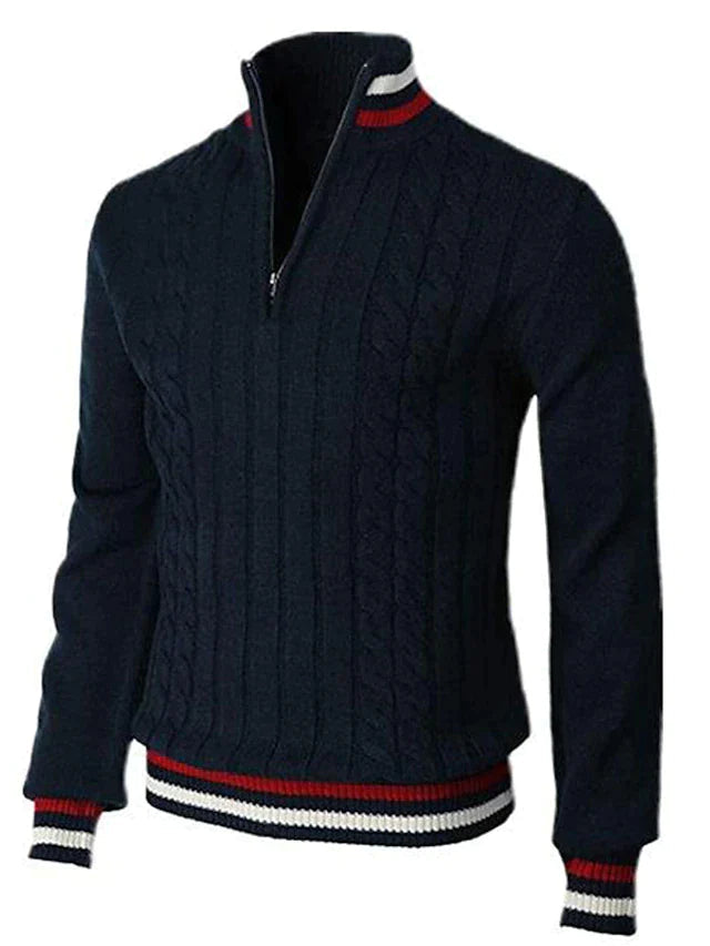 Navy Cable-Knit Quarter-Zip Sweater front view