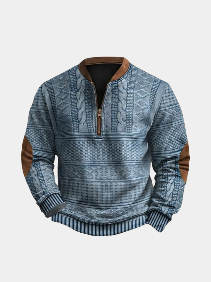 Blue Cable-Knit Quarter-Zip Sweater front view