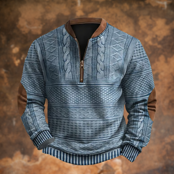 Blue Cable-Knit Quarter-Zip Sweater front view