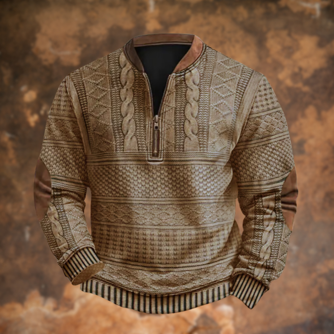 Beige Cable-Knit Quarter-Zip Sweater front view