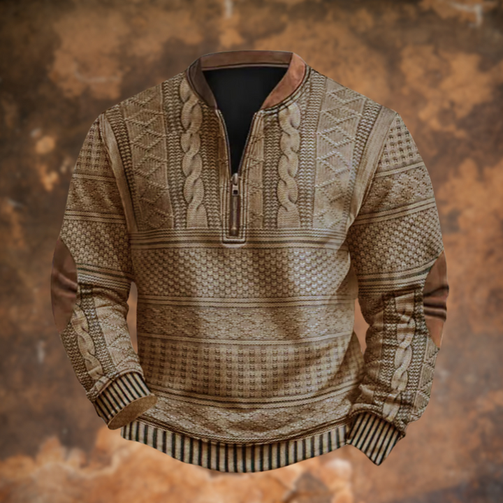 Beige Cable-Knit Quarter-Zip Sweater front view