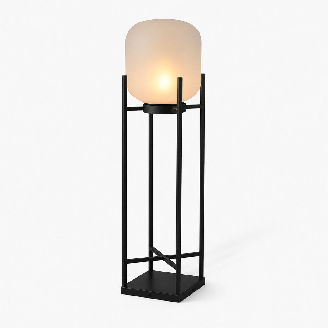 Black Caged Glass Outdoor Lantern Lamp illuminated