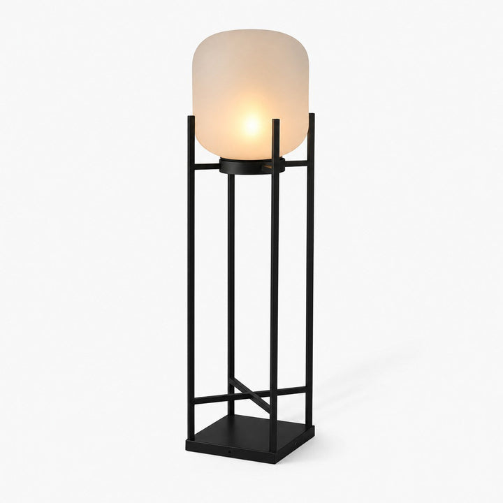 Black Caged Glass Outdoor Lantern Lamp illuminated