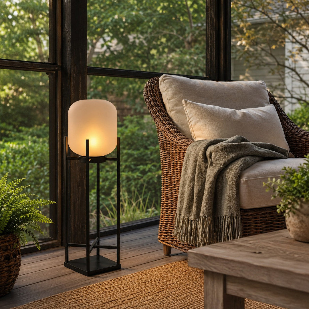 Black Caged Glass Outdoor Lantern Lamp garden setting