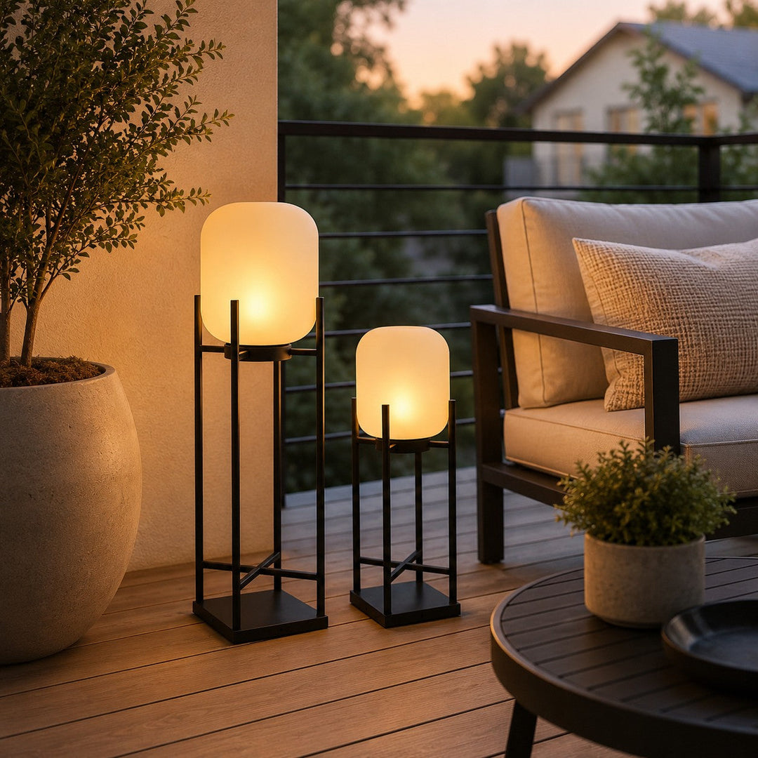 Black Caged Glass Outdoor Lantern Lamp on patio