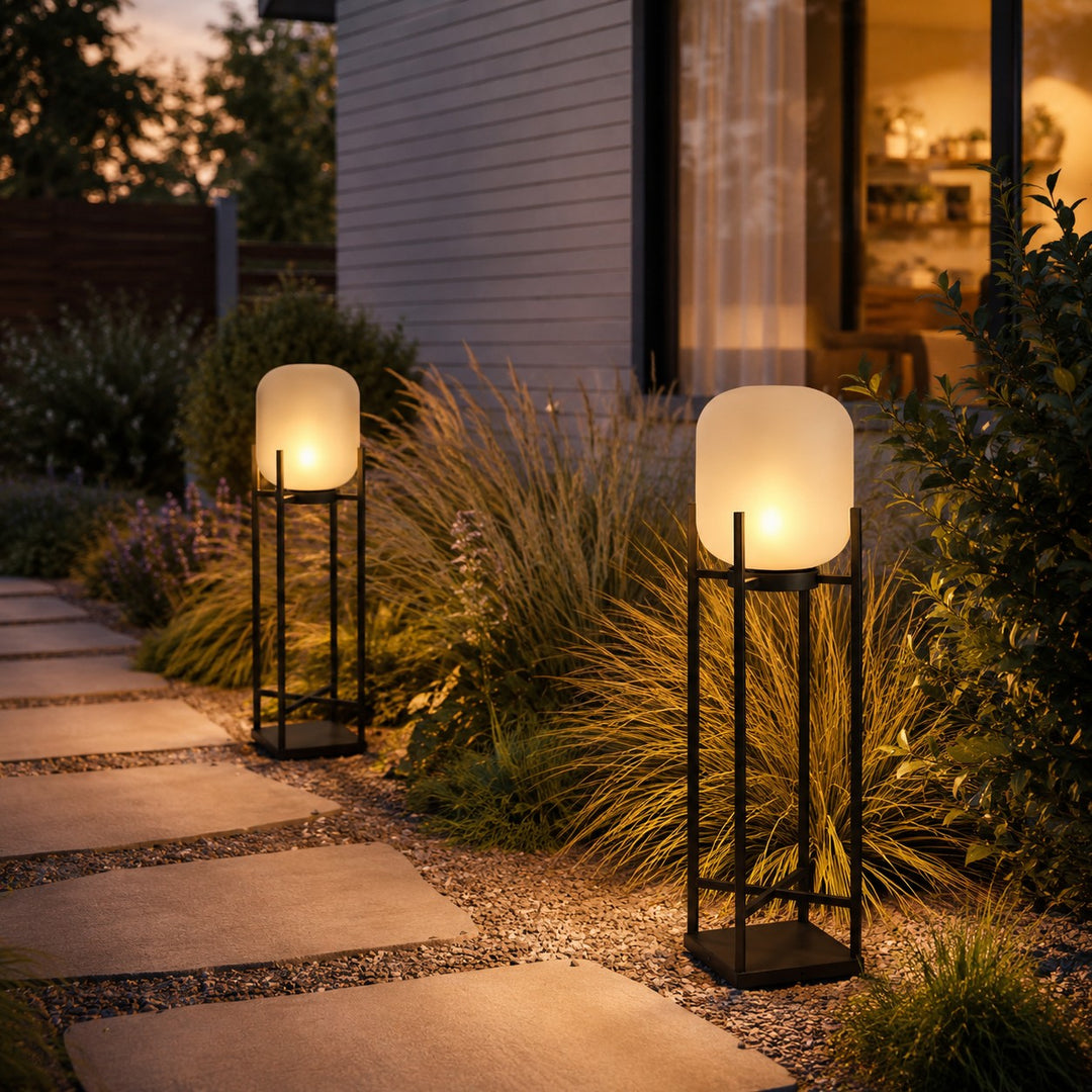 Black Caged Glass Outdoor Lantern Lamp base detail
