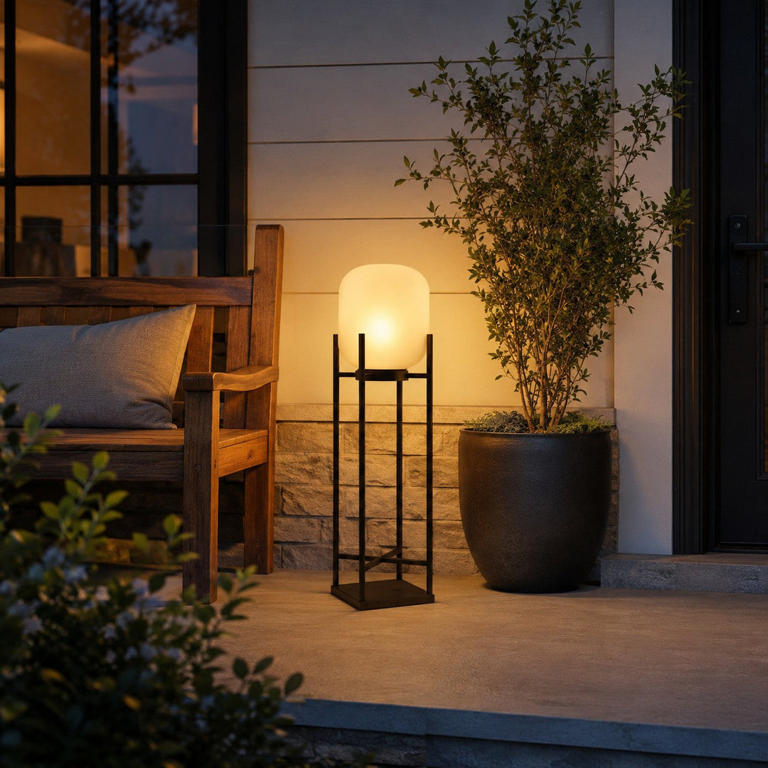 Black Caged Glass Outdoor Lantern Lamp on porch