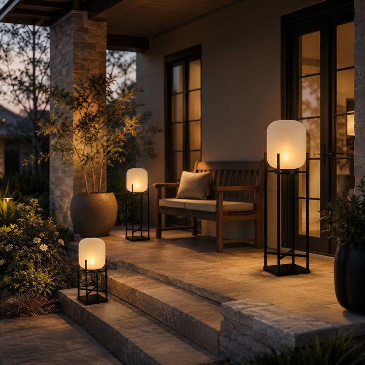 Black Caged Glass Outdoor Lantern Lamp unlit