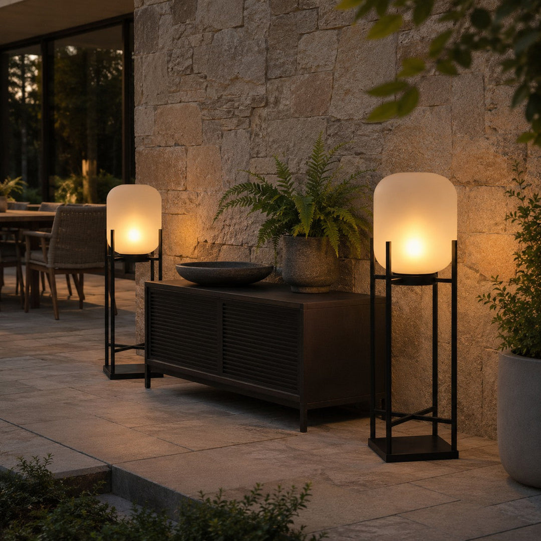 Black Caged Glass Outdoor Lantern Lamp evening glow