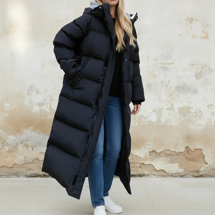 Black Calf-Length Quilted Puffer Coat worn front view