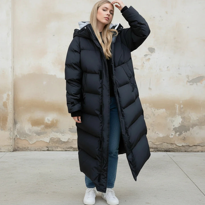 Black Calf-Length Quilted Puffer Coat worn full-length