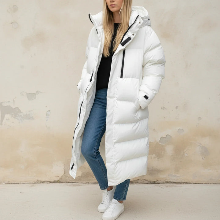White Calf-Length Quilted Puffer Coat worn full-length