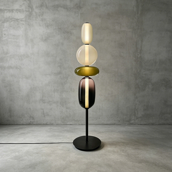 Standard-height Candied Model A Green floor lamp with clear, olive green, and smoky stacked glass.