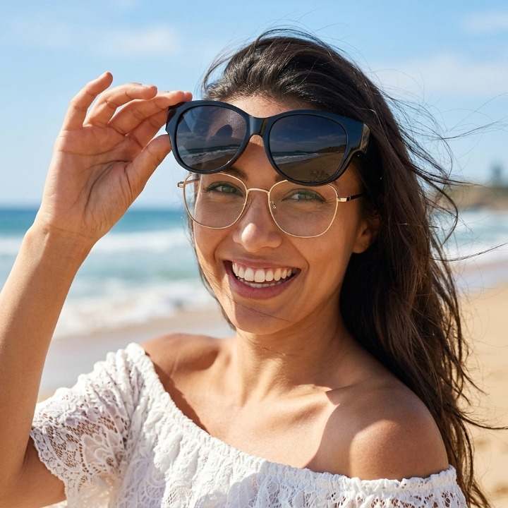 Cat-Eye Clip-On Sunglasses worn over glasses