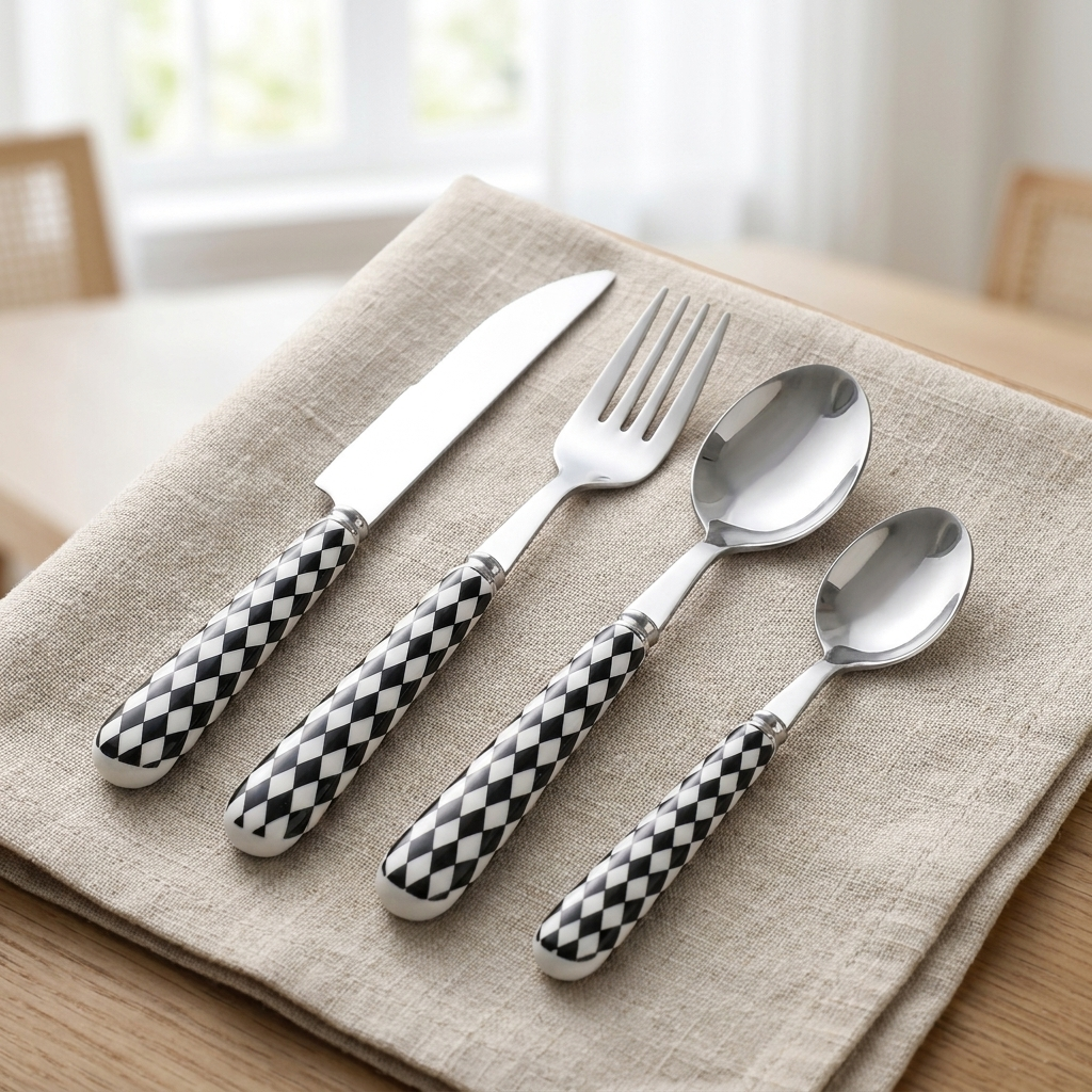 Diamond Check ceramic handle cutlery set flat lay