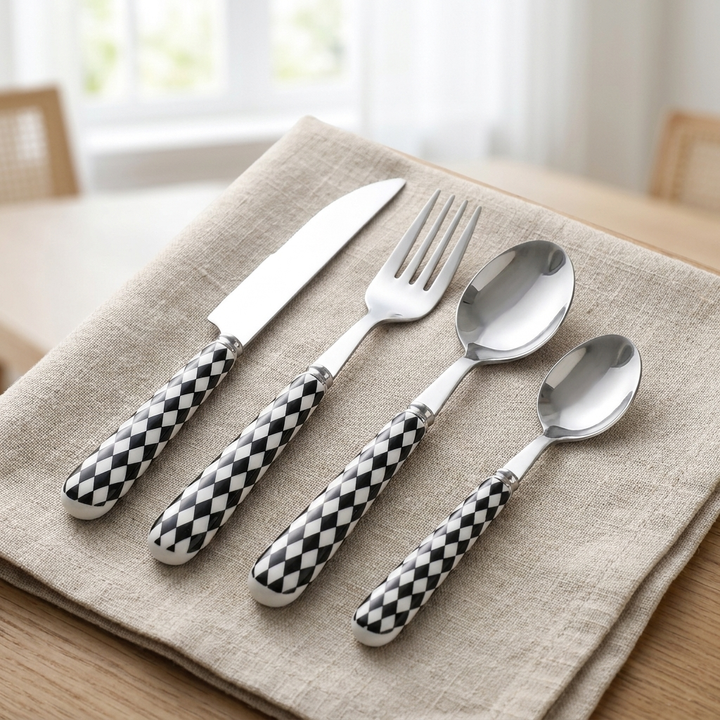 Diamond Check ceramic handle cutlery set flat lay