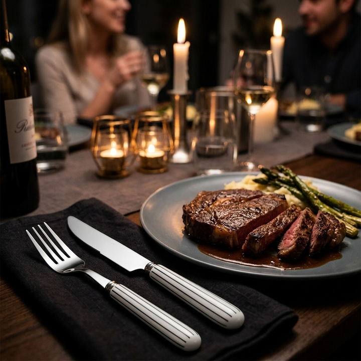 Stripe ceramic handle cutlery set dinner scene