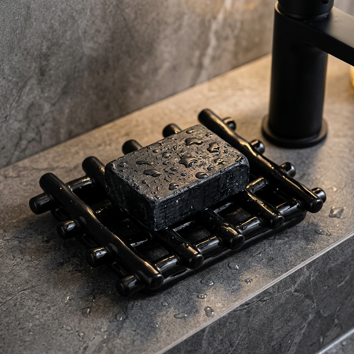 Black Ceramic Lattice Draining Soap Dish with soap on stone counter view