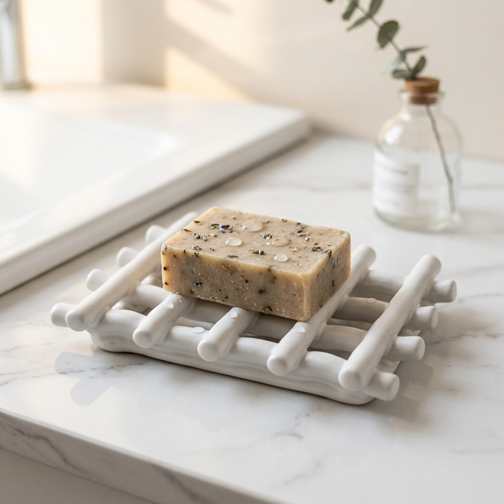 White Ceramic Lattice Draining Soap Dish with soap on marble vanity view