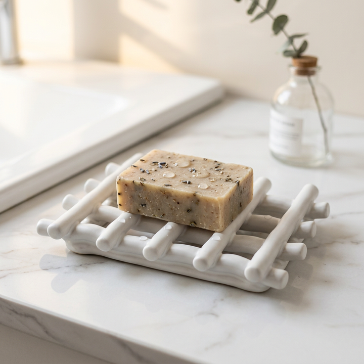 White Ceramic Lattice Draining Soap Dish with soap on marble vanity view