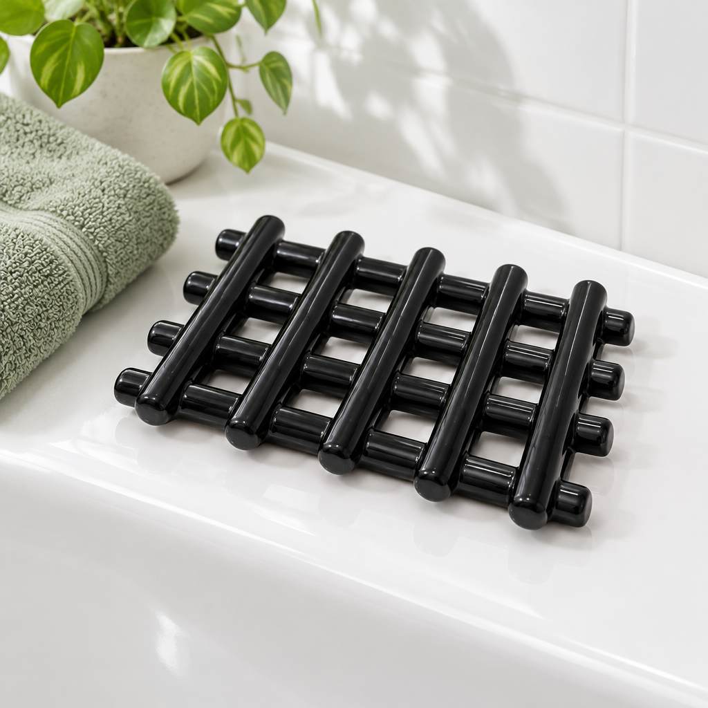 Black Ceramic Lattice Draining Soap Dish on bathtub ledge view