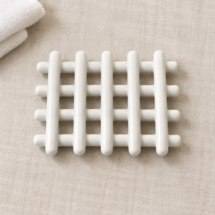 White Ceramic Lattice Draining Soap Dish top view