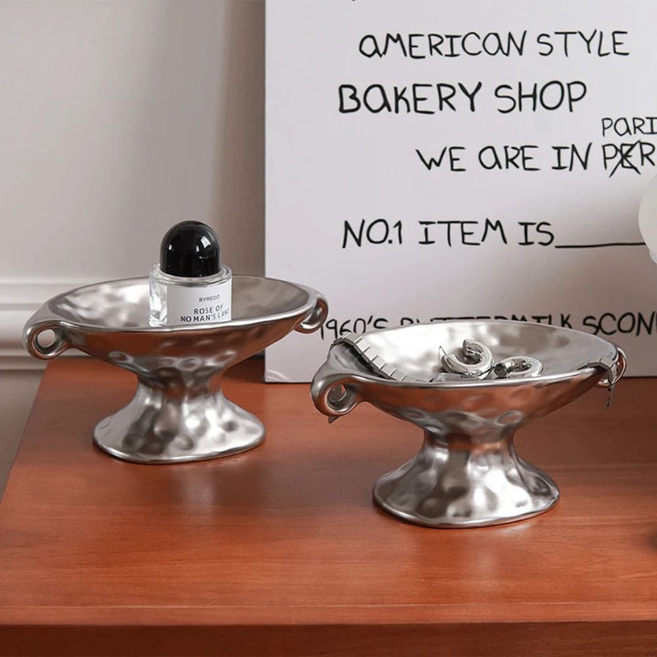 Silver Ceramic Pedestal Trinket Dishes on table lifestyle