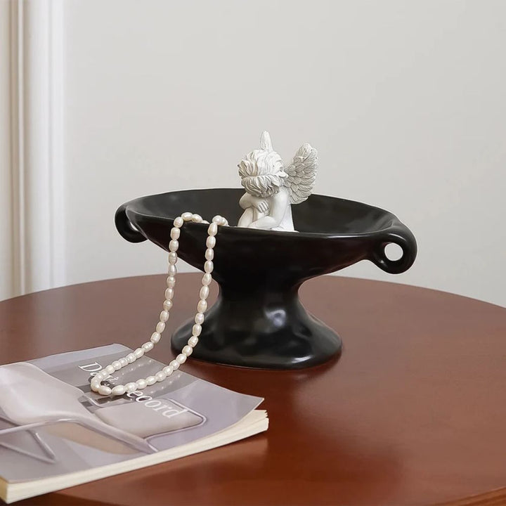 Black Ceramic Pedestal Trinket Dish with jewelry lifestyle