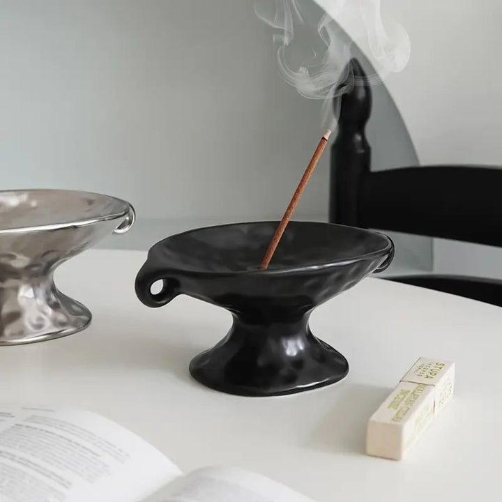Black Ceramic Pedestal Trinket Dish used as incense holder