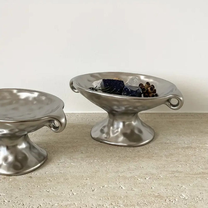 Silver Ceramic Pedestal Trinket Dishes side view