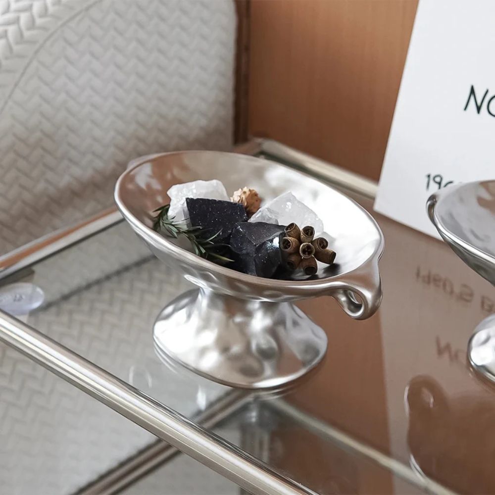 Silver Ceramic Pedestal Trinket Dish with trinkets lifestyle