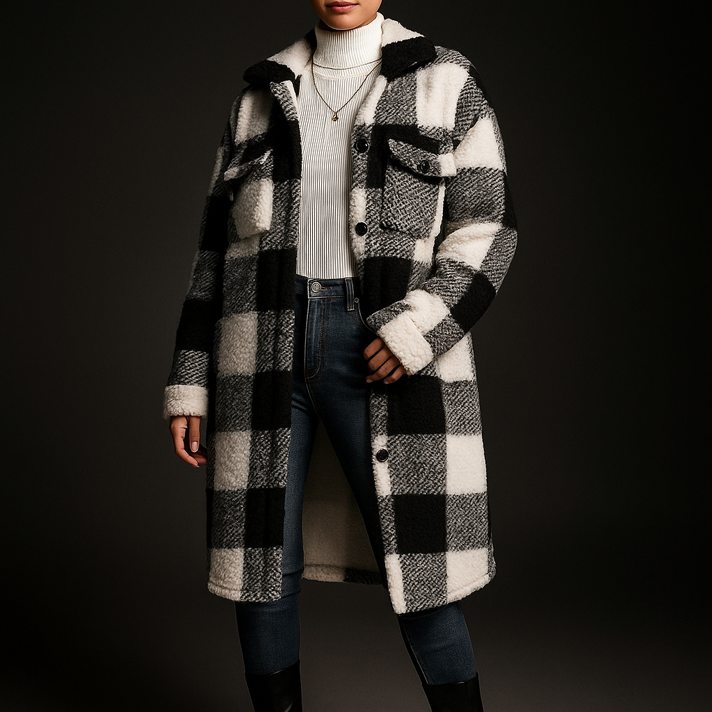 Black Checkered Fleece Overcoat worn front view