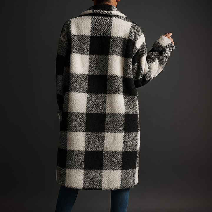 Black Checkered Fleece Overcoat worn back view