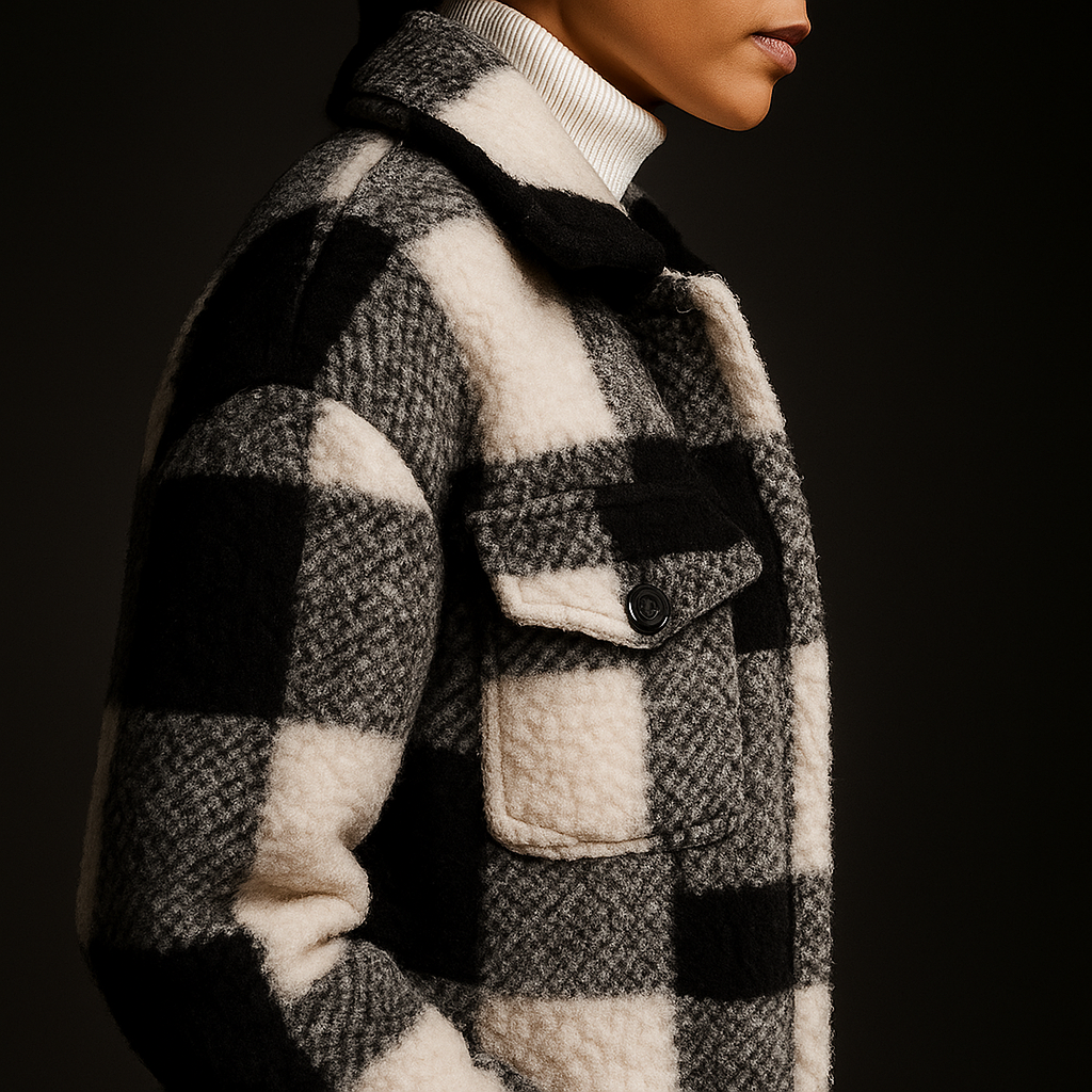 Black Checkered Fleece Overcoat worn side view