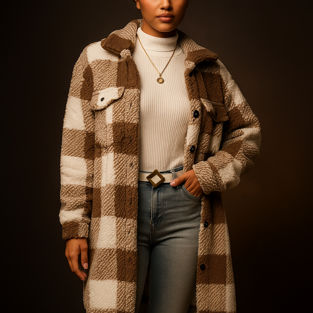 Brown Checkered Fleece Overcoat worn front view