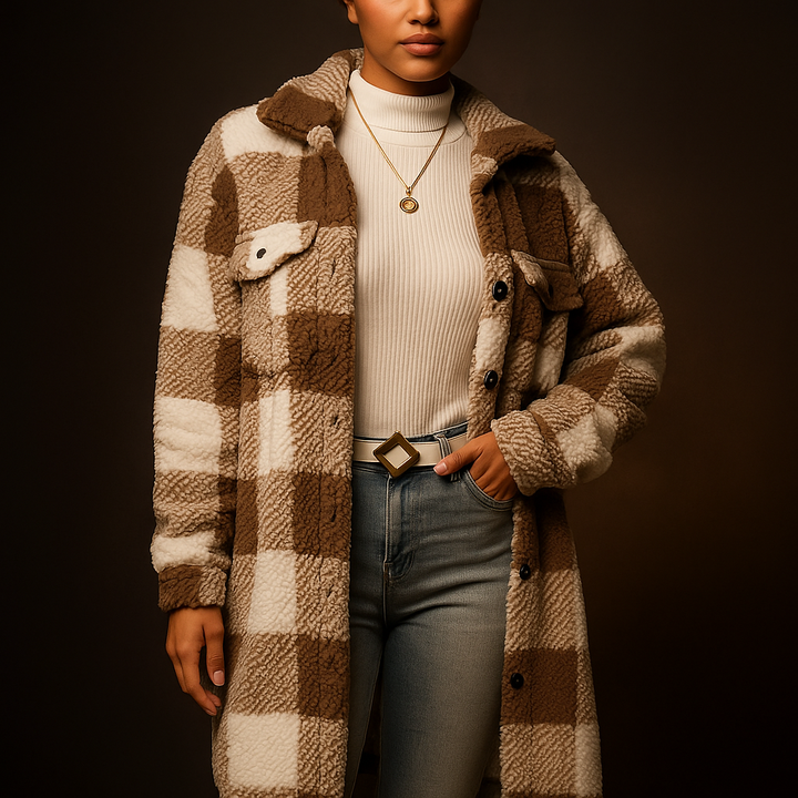 Brown Checkered Fleece Overcoat worn front view