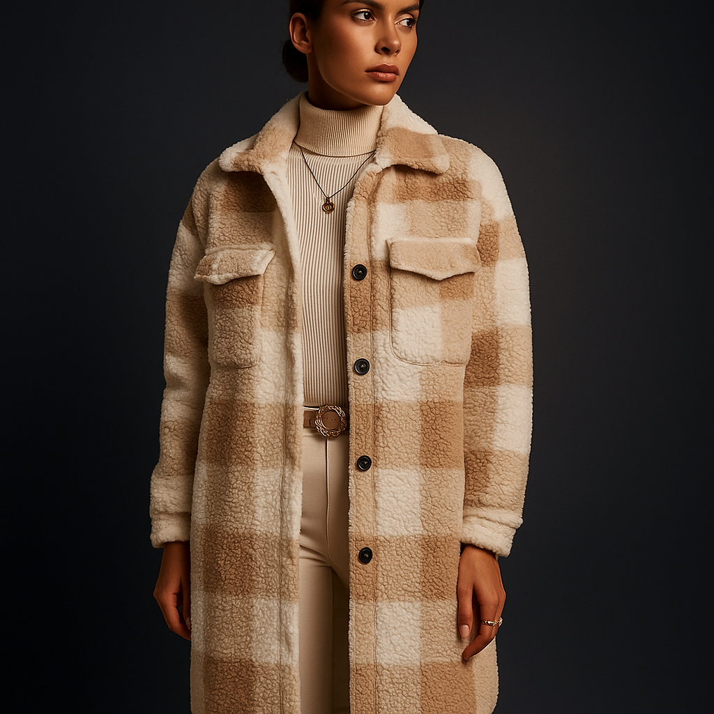 Beige Checkered Fleece Overcoat worn front view