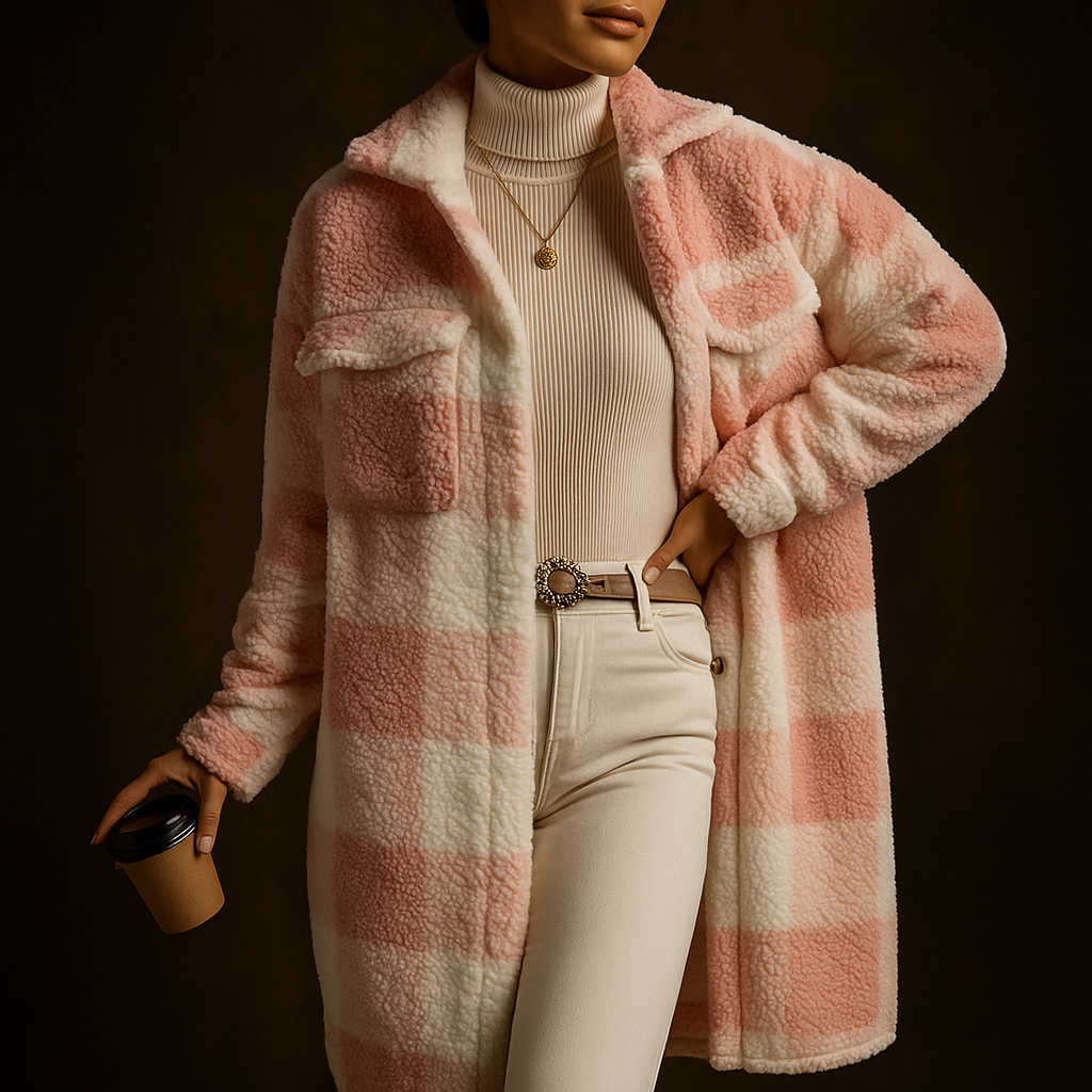 Pink Checkered Fleece Overcoat worn front view