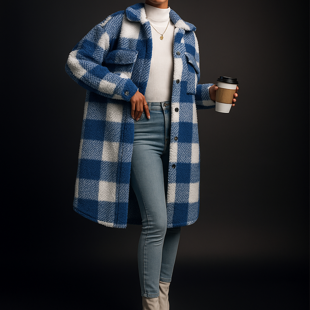 Blue Checkered Fleece Overcoat worn front view
