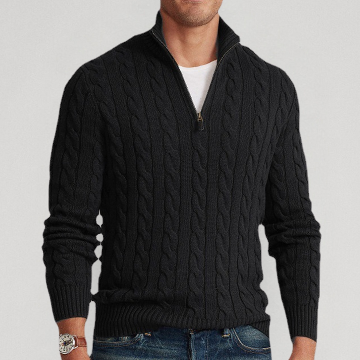 Black Chunky Cable-Knit Quarter-Zip Sweater worn front view
