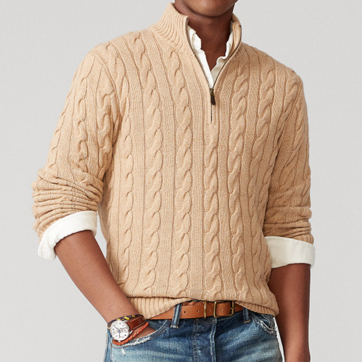 Apricot Chunky Cable-Knit Quarter-Zip Sweater worn front view