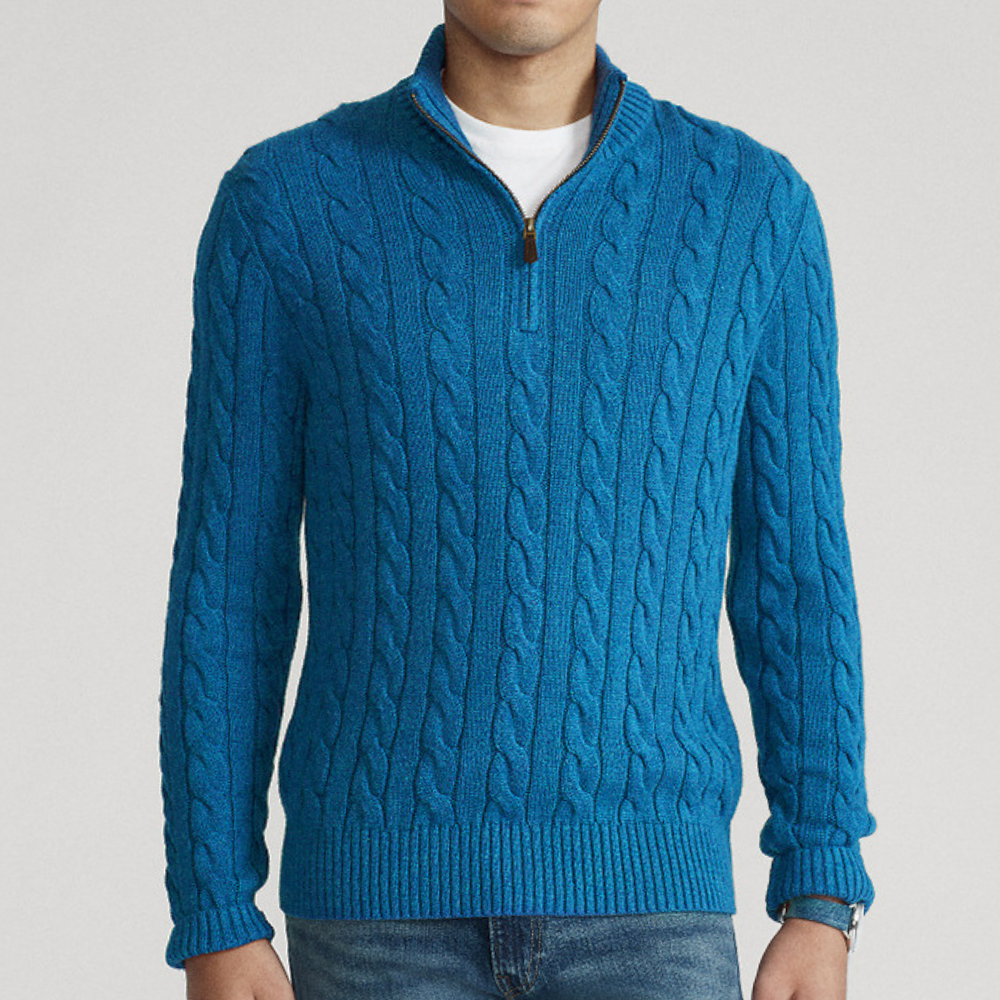 Blue Chunky Cable-Knit Quarter-Zip Sweater worn front view